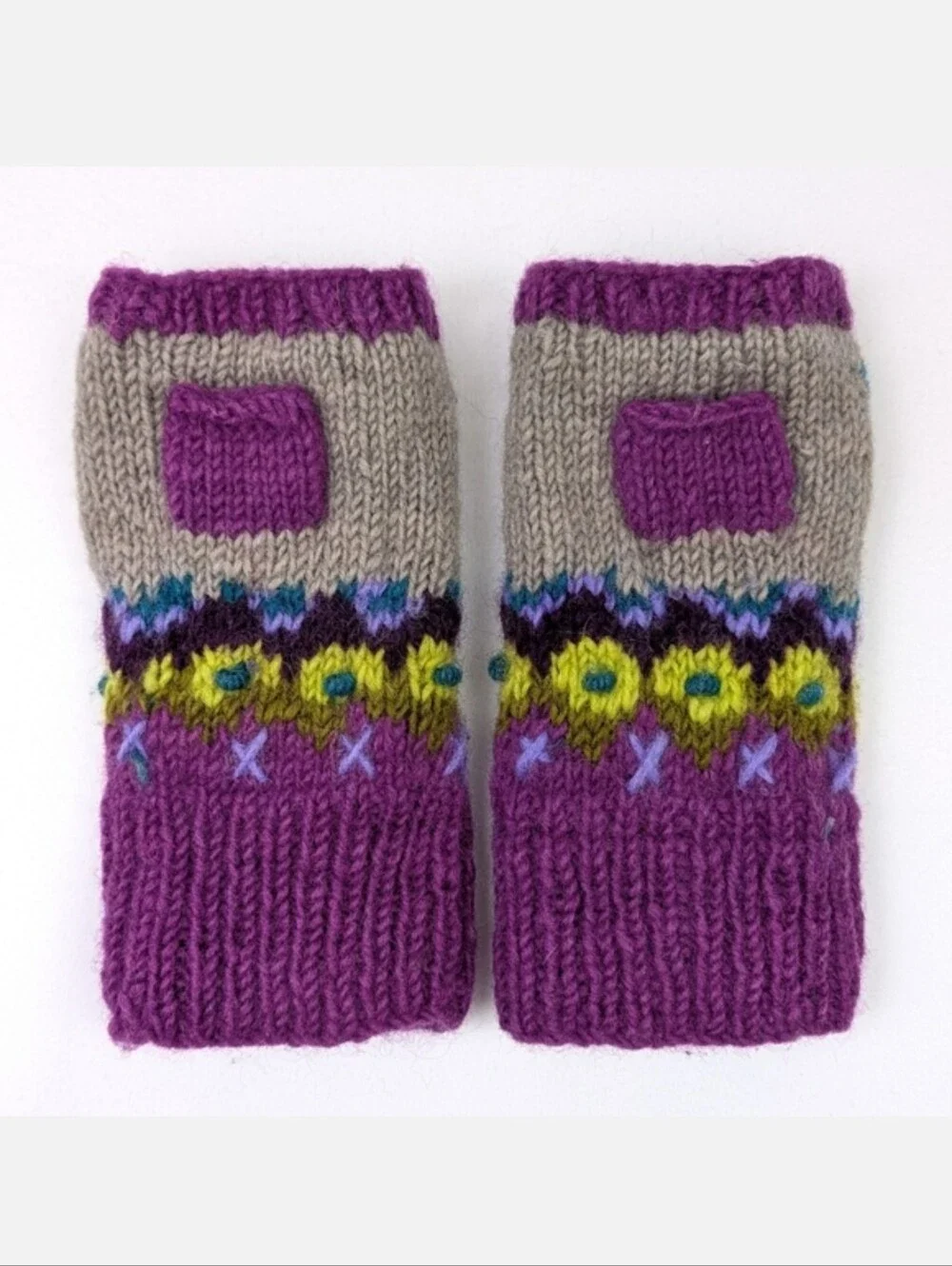 Sundance Lost Horizons Fingerless Mittens Wool Hand Knit Nepal Floral Purple